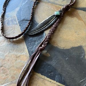 Paula Carvalho Braided leather, patined feather & turquoise stone necklace 🪶